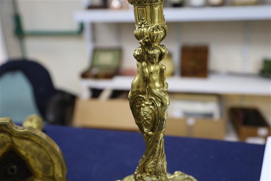 A pair Louis XVI ormolu candlesticks, height 12in.